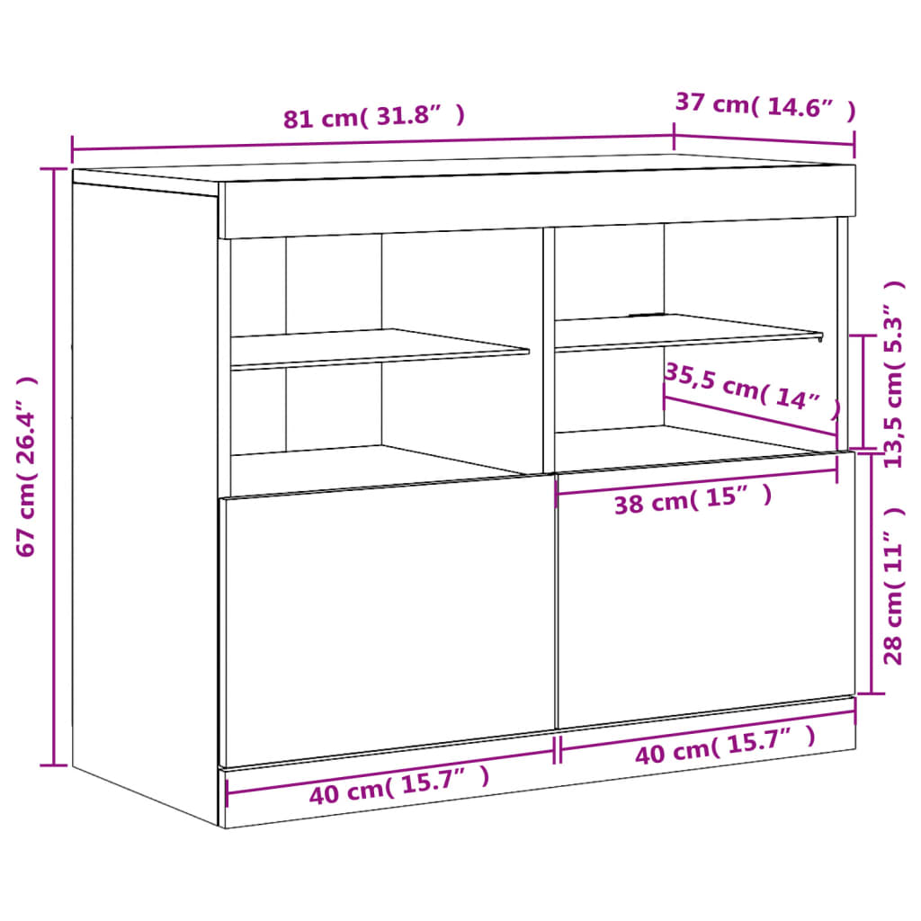 Komoda s LED svjetlima boja dimljenog hrasta 81x37x67 cm