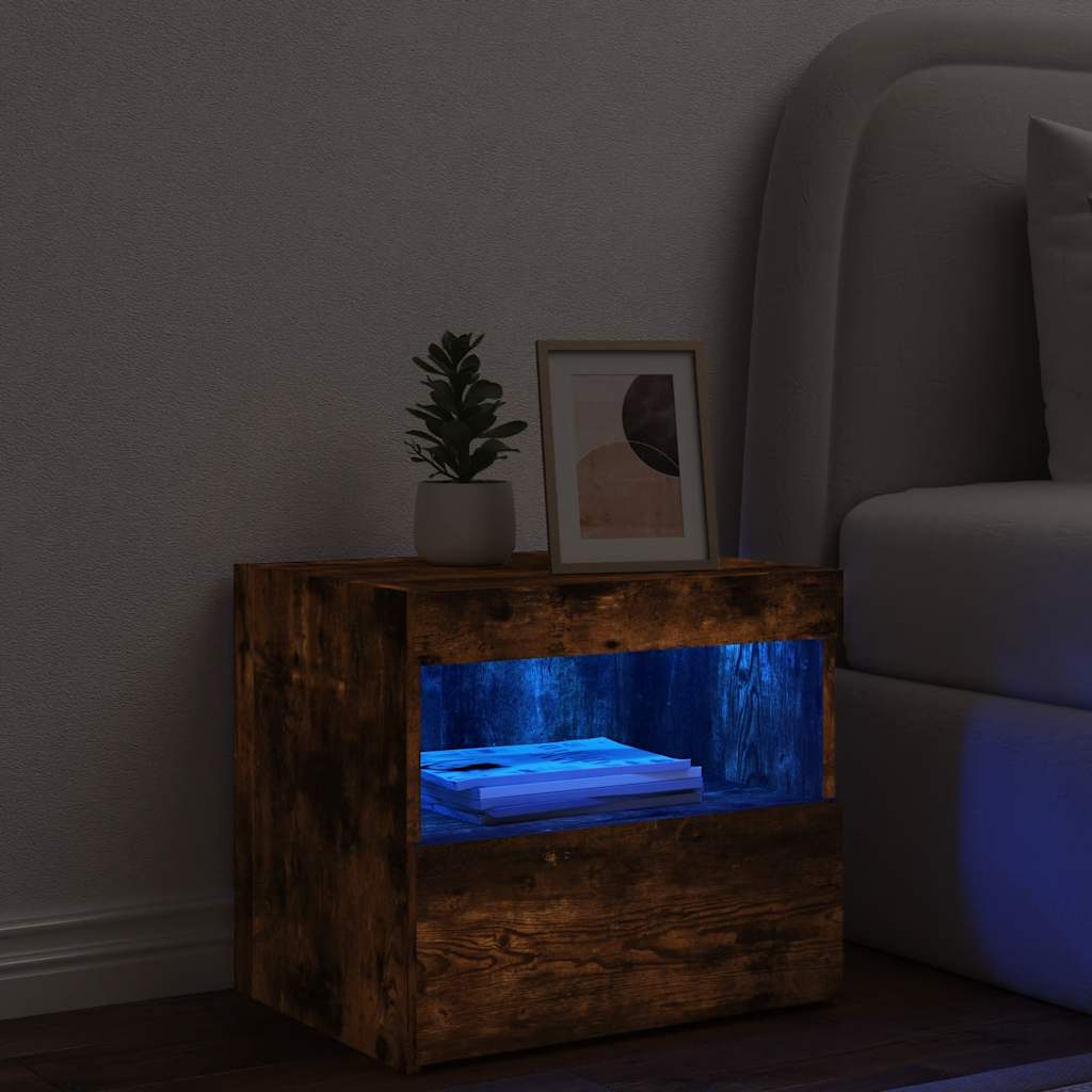 Noćni ormarić s LED svjetlima boja dimljenog hrasta 50x40x45 cm
