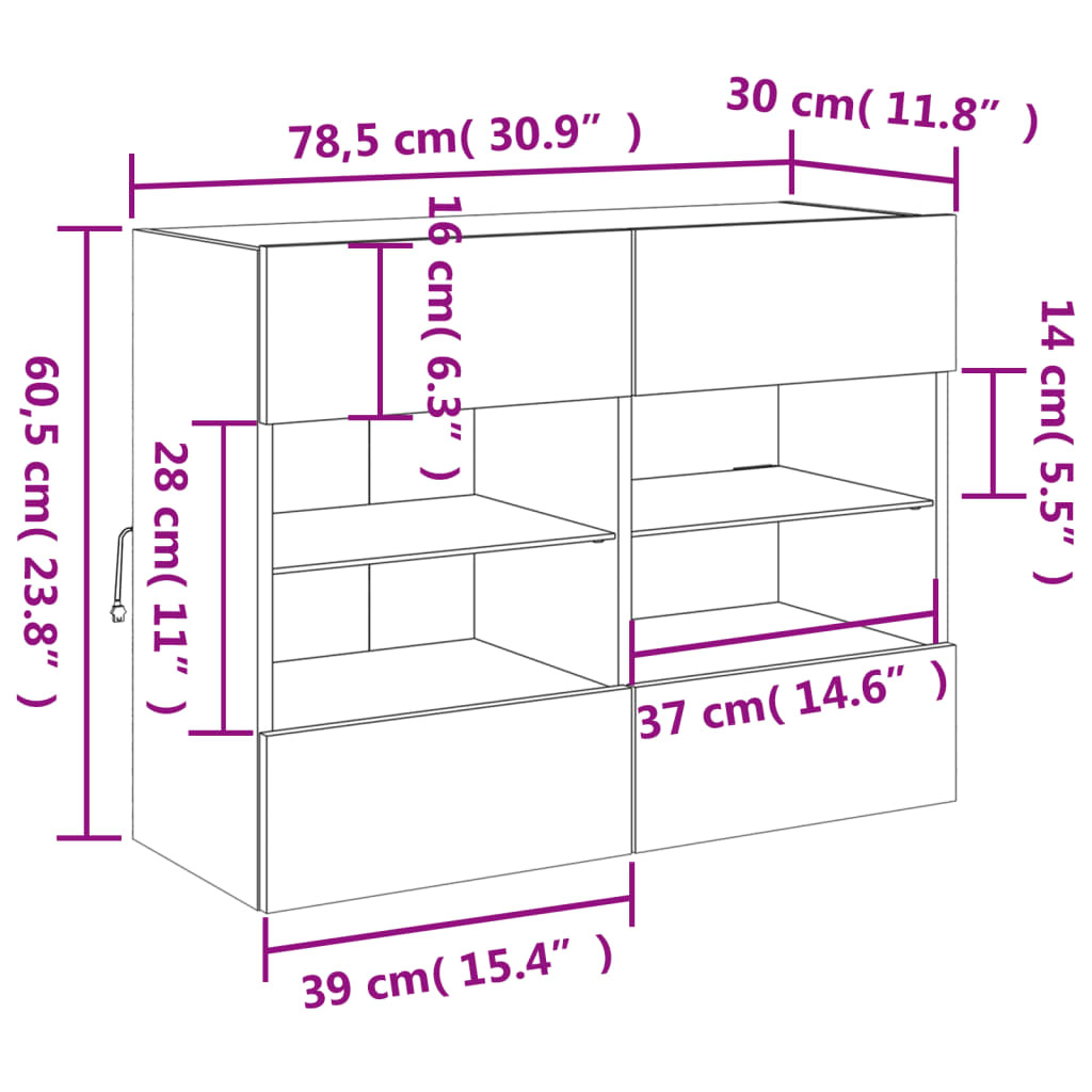 Zidni TV ormarić s LED svjetlima boja hrasta 78,5x30x60,5 cm