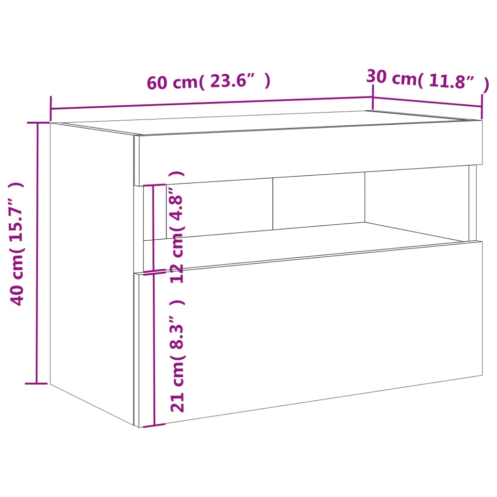 Zidni TV ormarić s LED svjetlima boja hrasta 60x30x40 cm