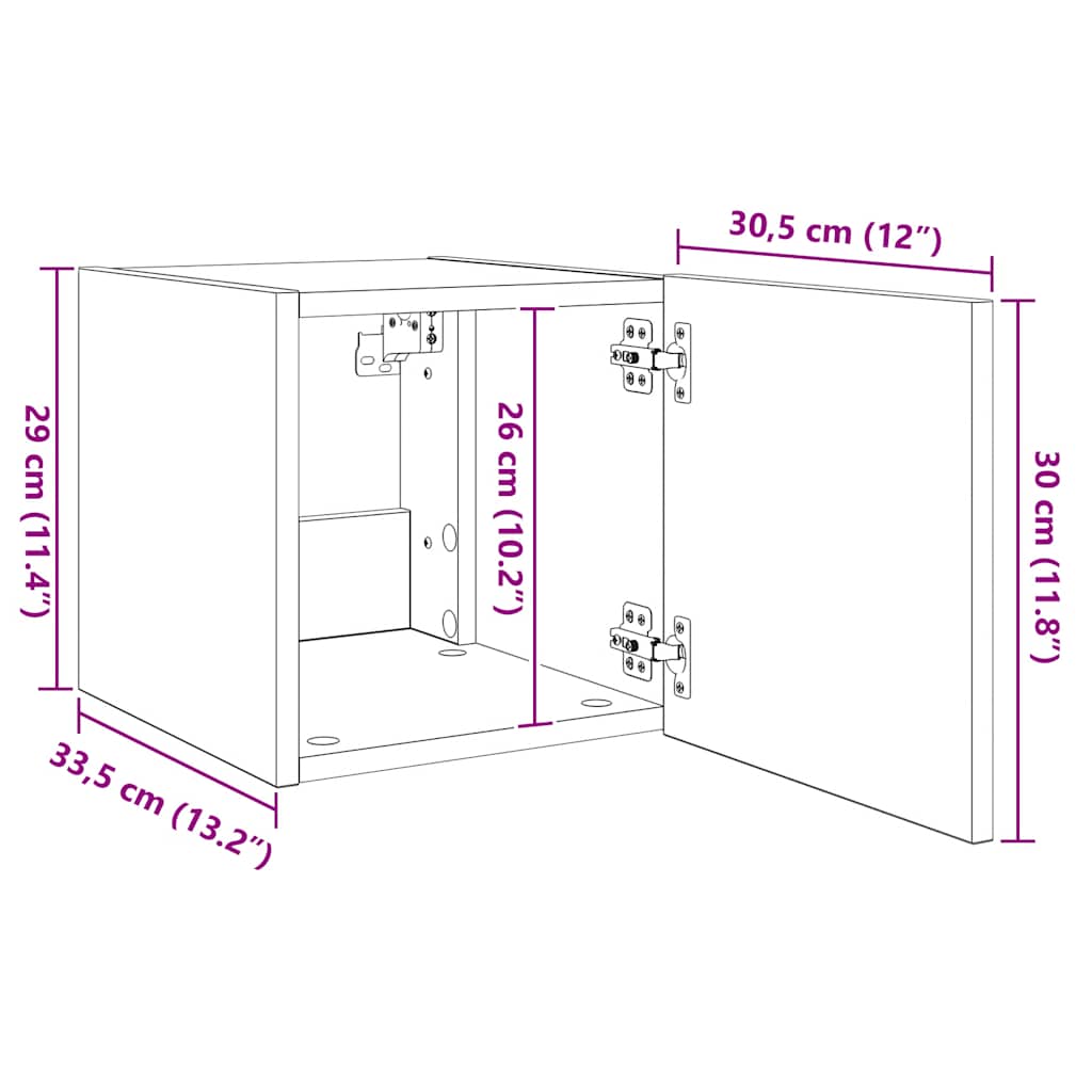 Zidni TV ormarić s LED svjetlima boja hrasta 30,5 x 35 x 30 cm