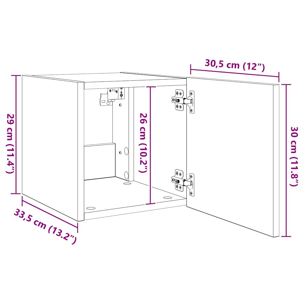 Zidni TV ormarić s LED svjetlima boja hrasta 30,5 x 35 x 30 cm