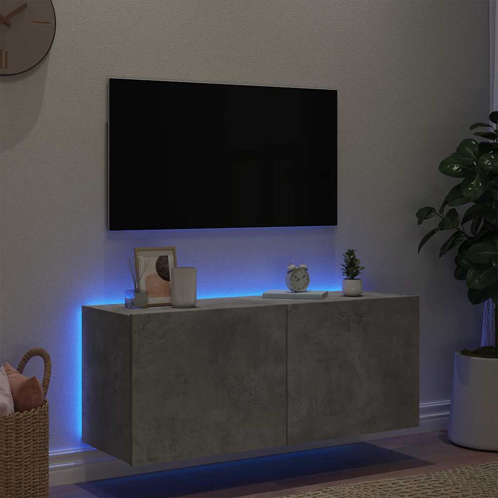 Zidni TV ormarić s LED svjetlima siva boja betona 100x35x41 cm