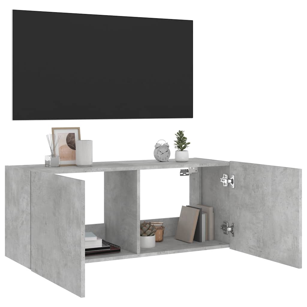 Zidni TV ormarić s LED svjetlima siva boja betona 100x35x41 cm
