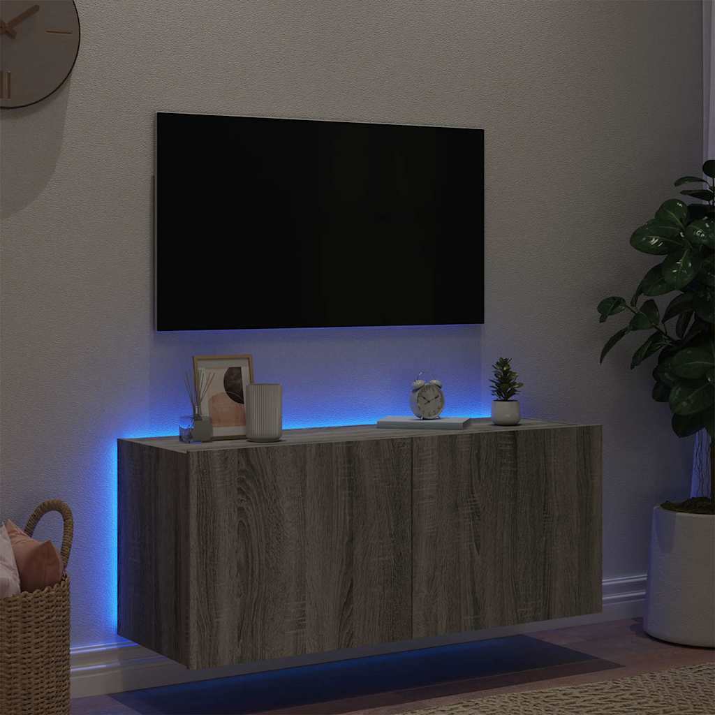 Zidni TV ormarić s LED svjetlima siva boja hrasta 100x35x41 cm