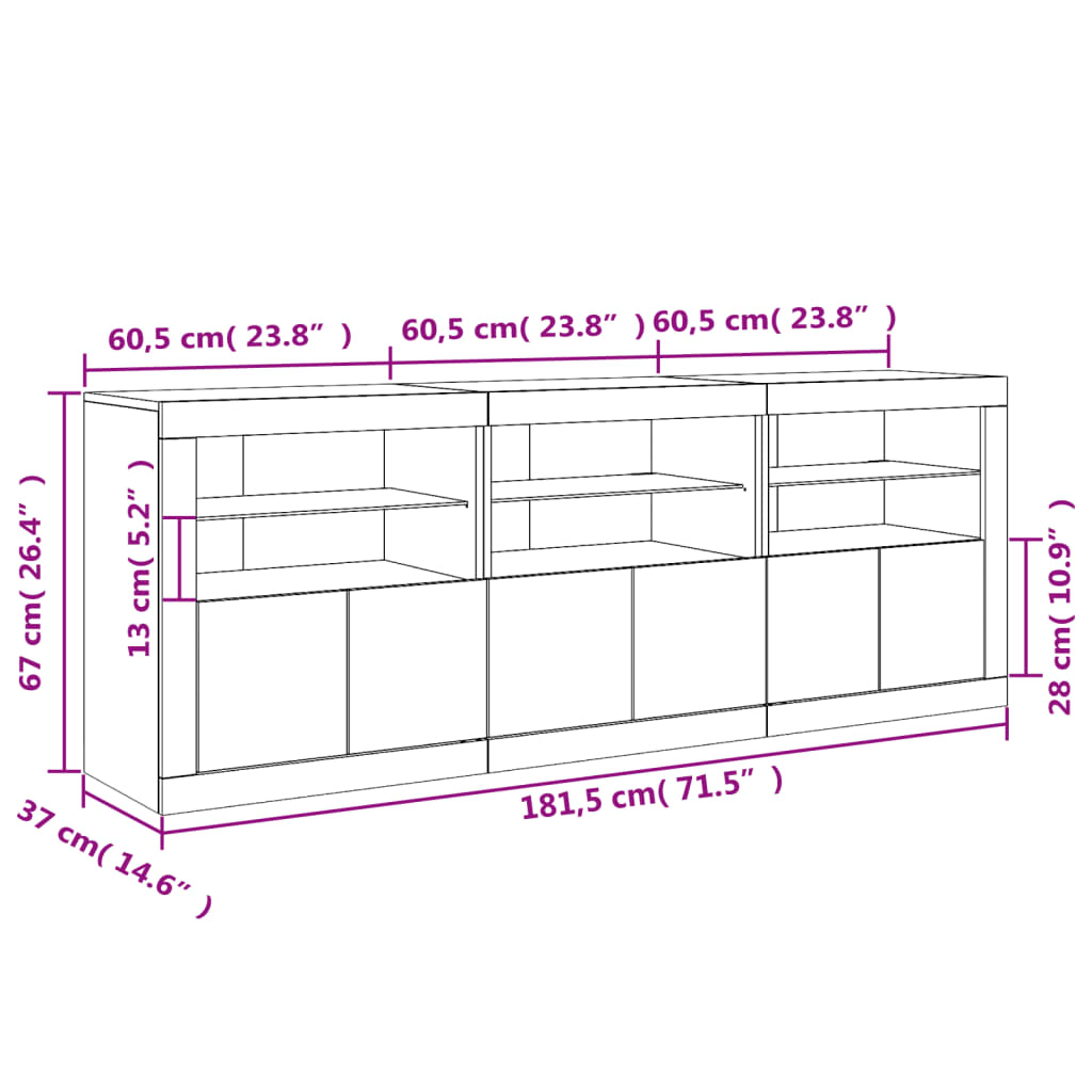 Komoda s LED svjetlima bijela 181,5x37x67 cm