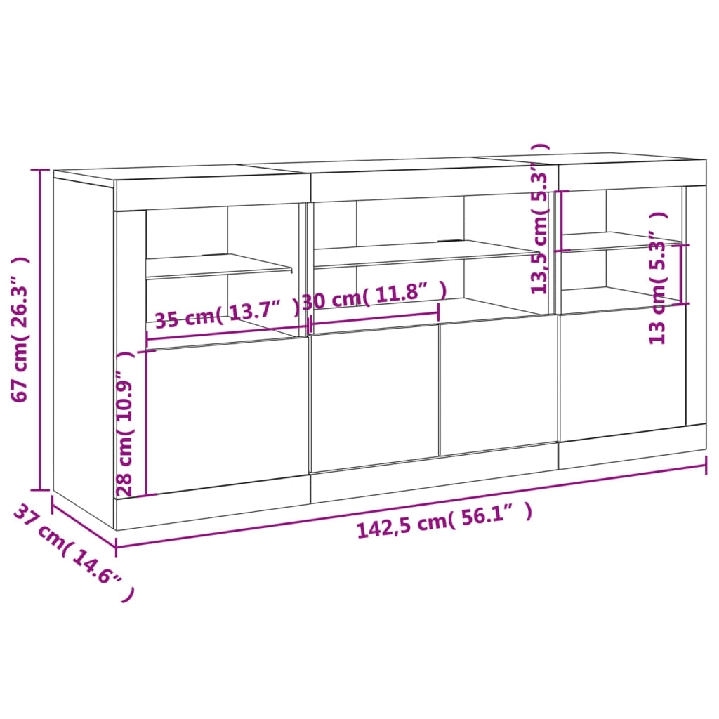 Komoda s LED svjetlima boja sivog hrasta 142,5x37x67 cm