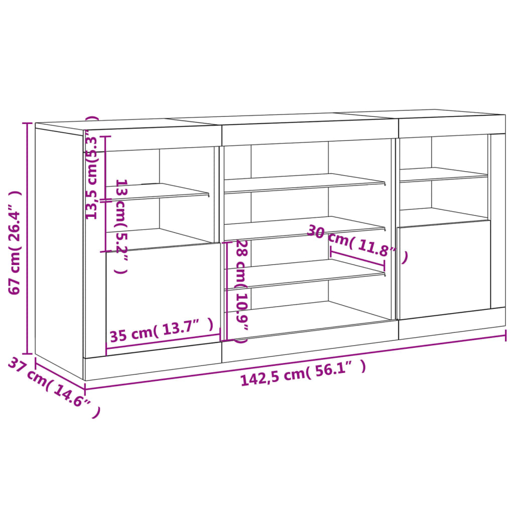 Komoda s LED svjetlima boja sivog hrasta 142,5x37x67 cm