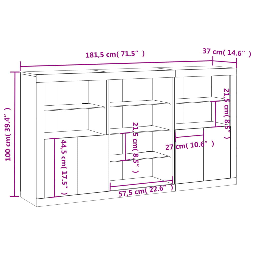 Komoda s LED svjetlima boja sivog hrasta 181,5x37x100 cm