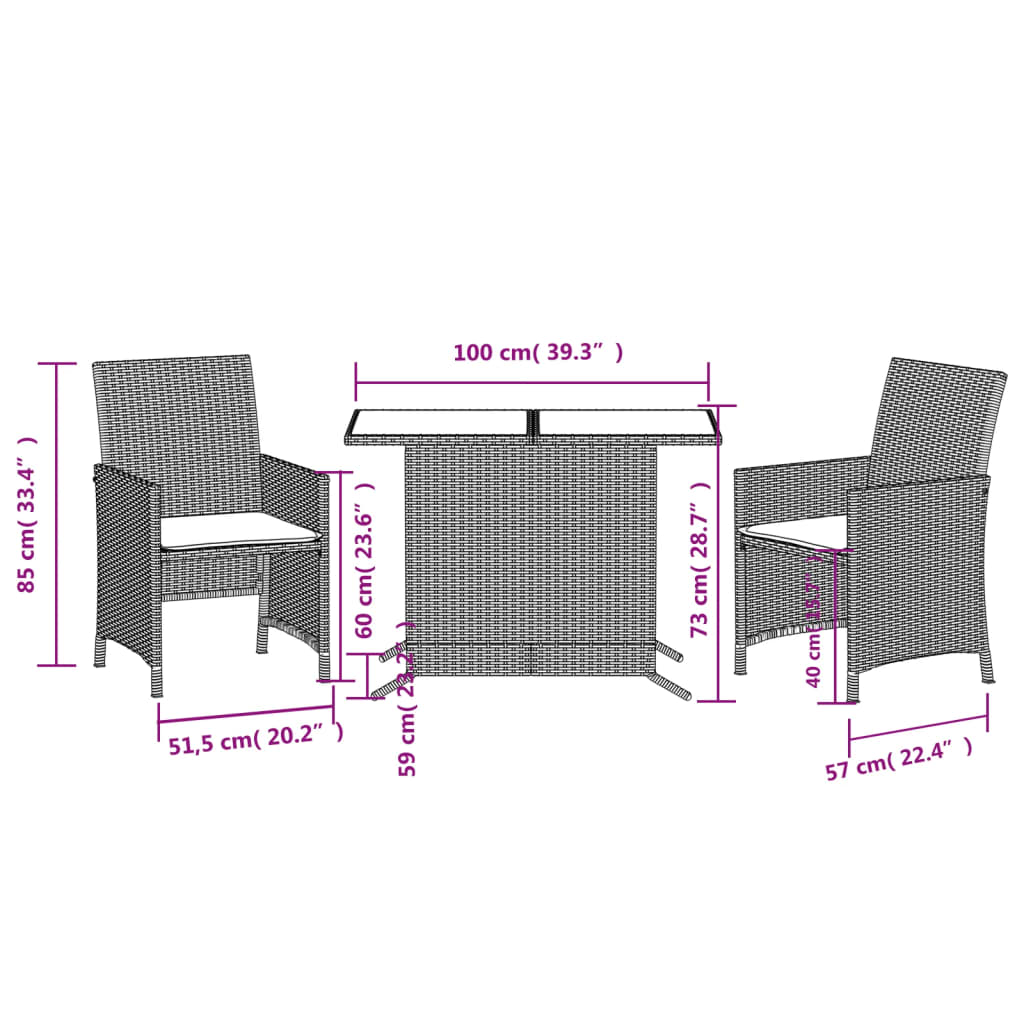3-dijelni bistro set s jastucima smeđi od poliratana