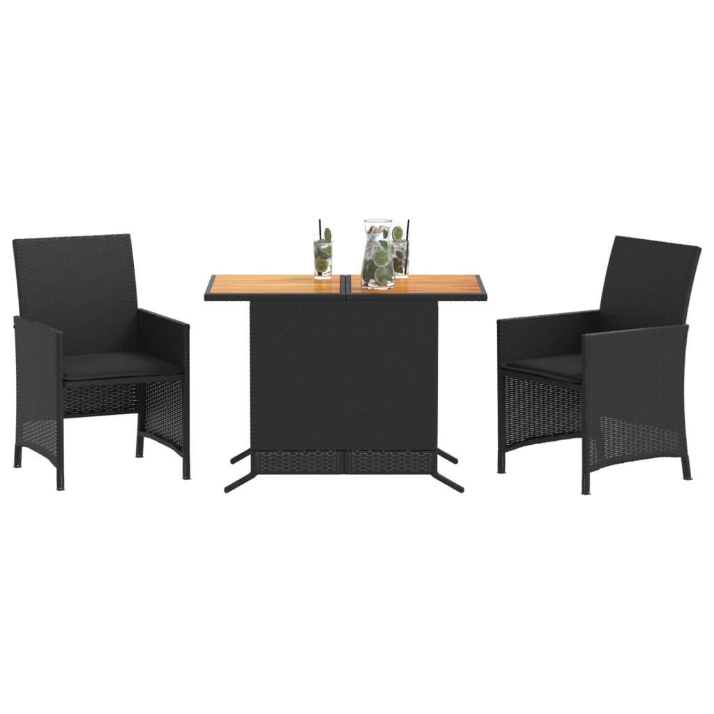 3-dijelni bistro set s jastucima crni od poliratana