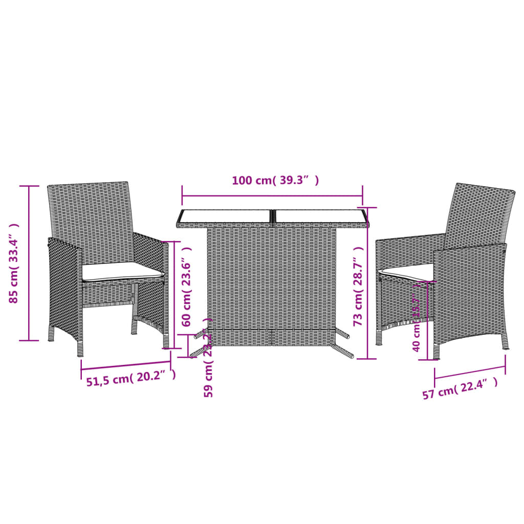 3-dijelni bistro set s jastucima bež od poliratana