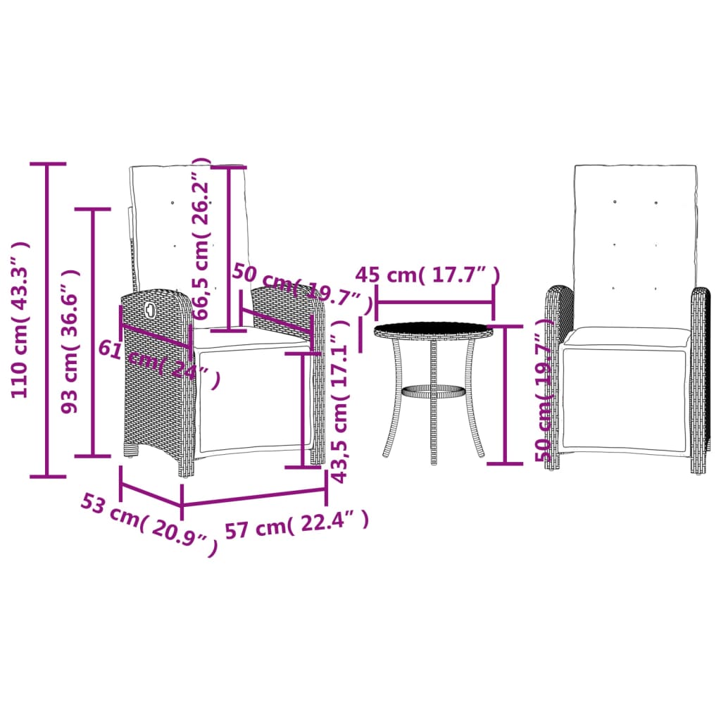 3-dijelni bistro set s jastucima crni od poliratana