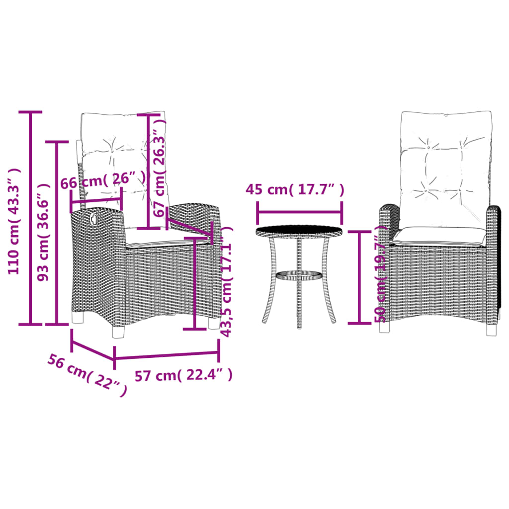 3-dijelni bistro set s jastucima crni od poliratana