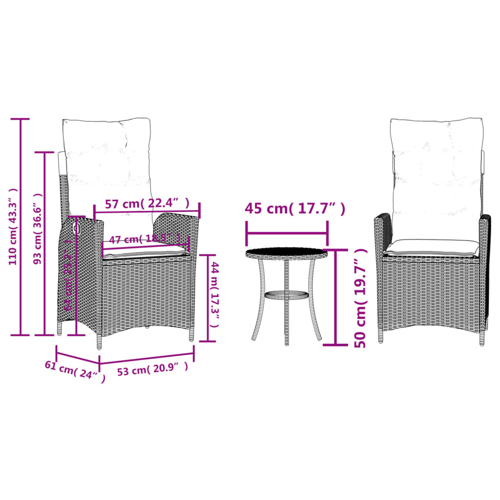 3-dijelni bistro set od poliratana s jastucima sivi