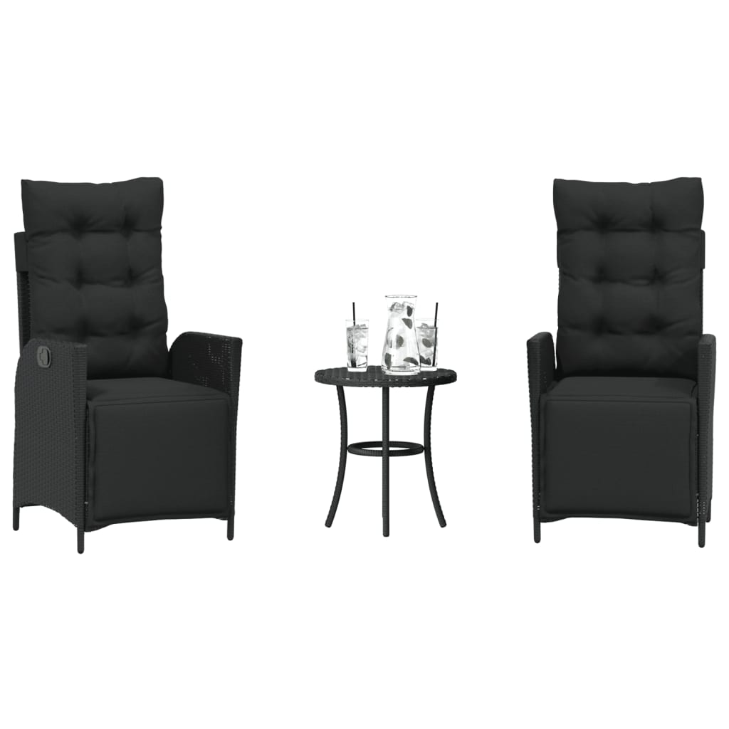 3-dijelni bistro set s jastucima crni od poliratana