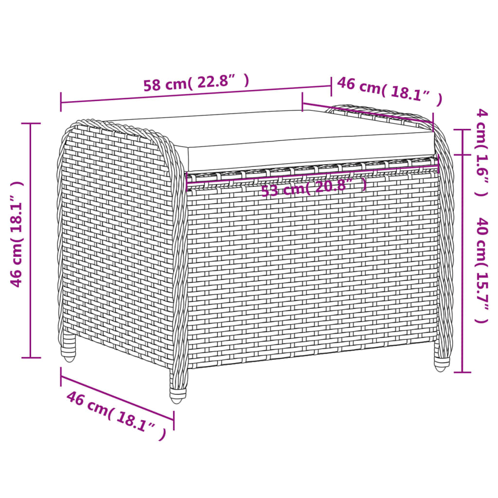 Vrtni tabure s jastukom crni 58x46x46 cm od poliratana