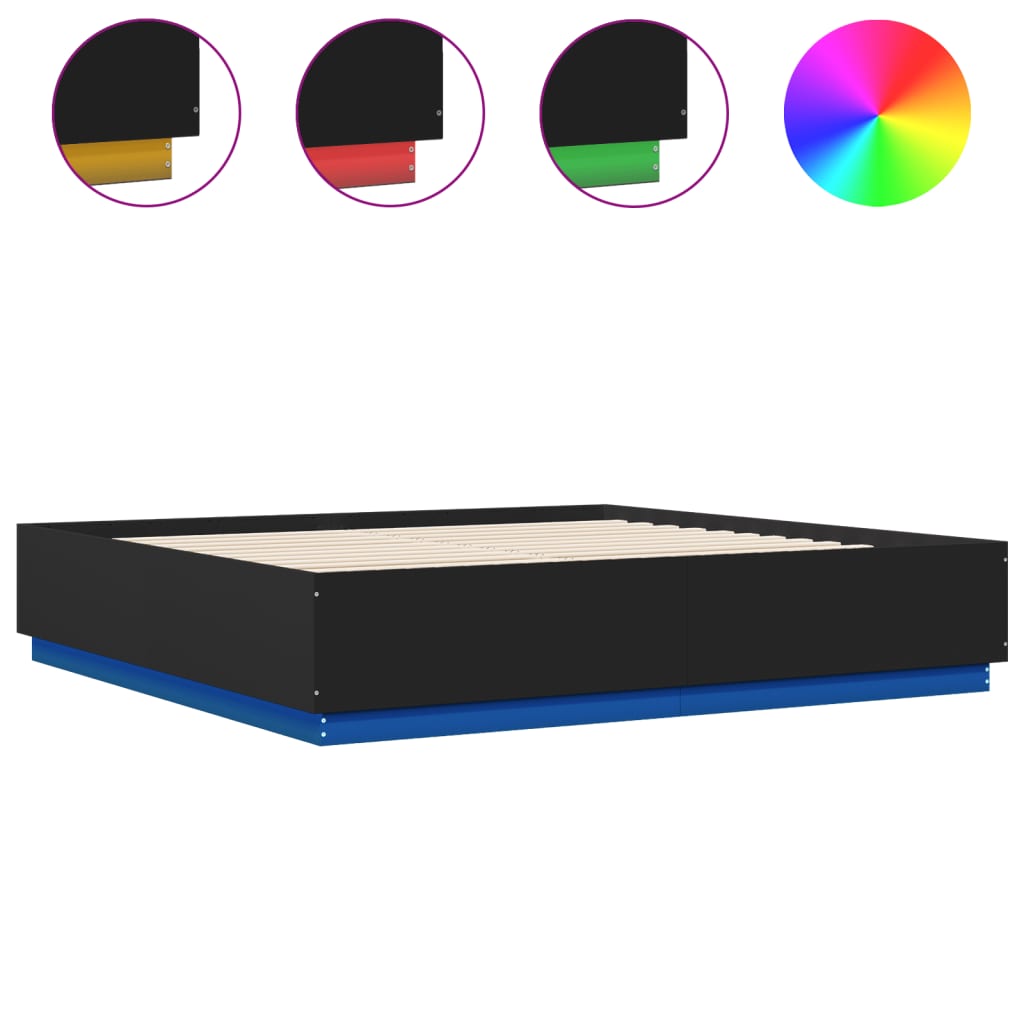 Okvir kreveta s LED svjetlima crni 200x200 cm konstruirano drvo