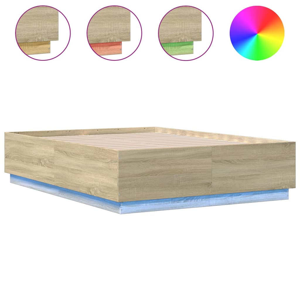 Okvir za krevet s LED svjetlima boja hrasta 135 x 190 cm drveni