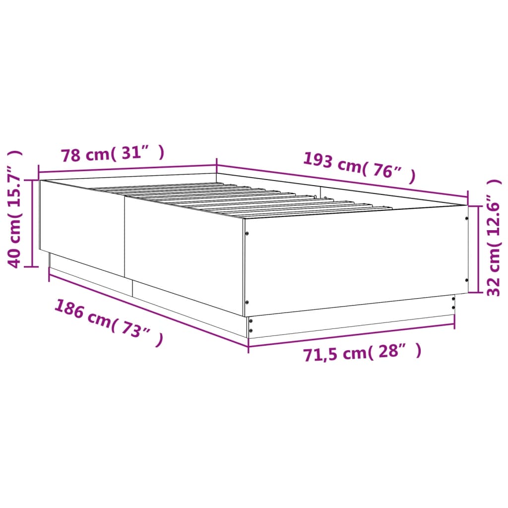 Okvir krevet s LED svjetlima 75x190 cm od konstruiranog drva