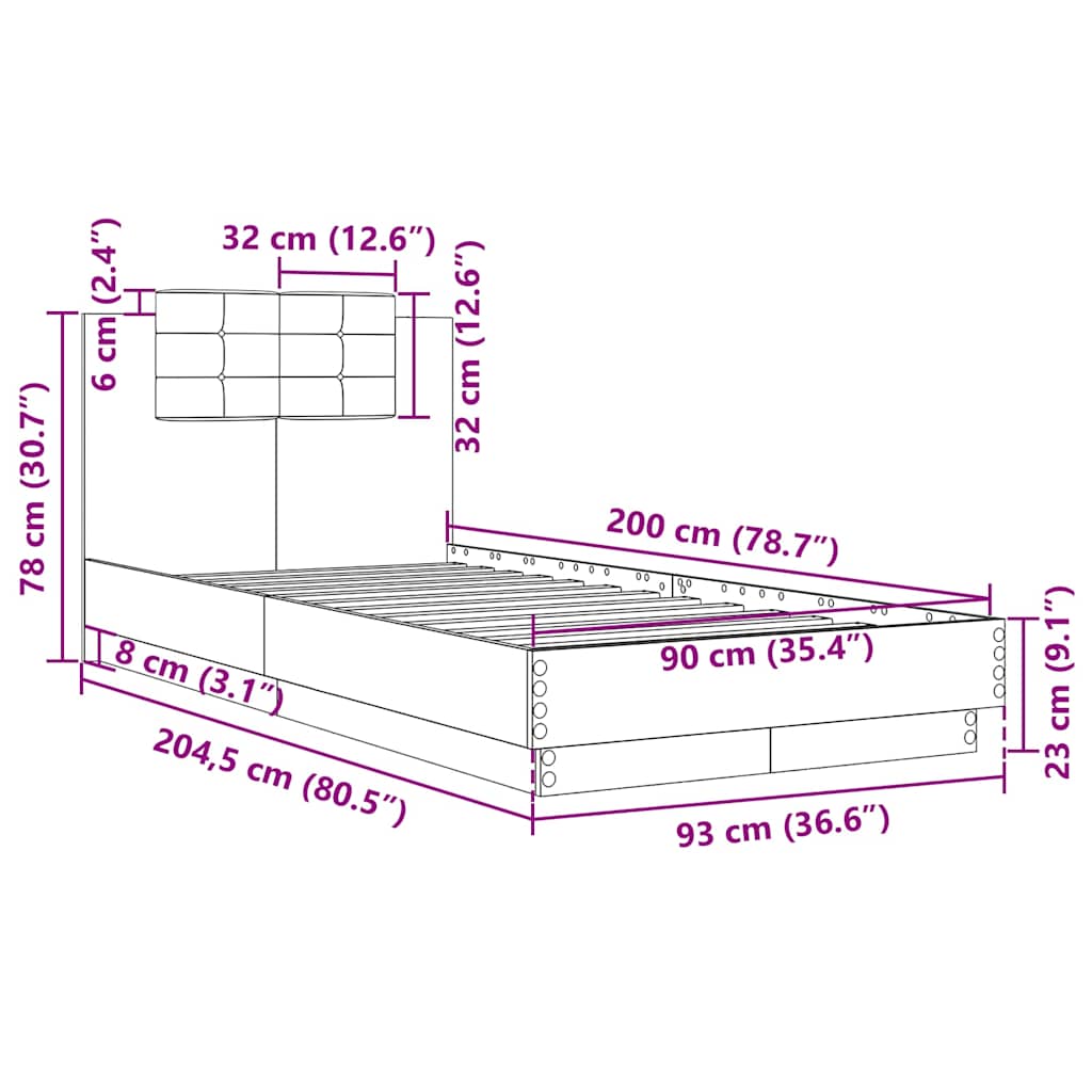 Okvir kreveta s uzglavljem siva boja betona 90x200 cm drveni