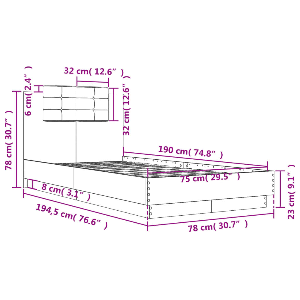 Okvir za krevet s uzglavljem boja hrasta 75x190 cm drveni