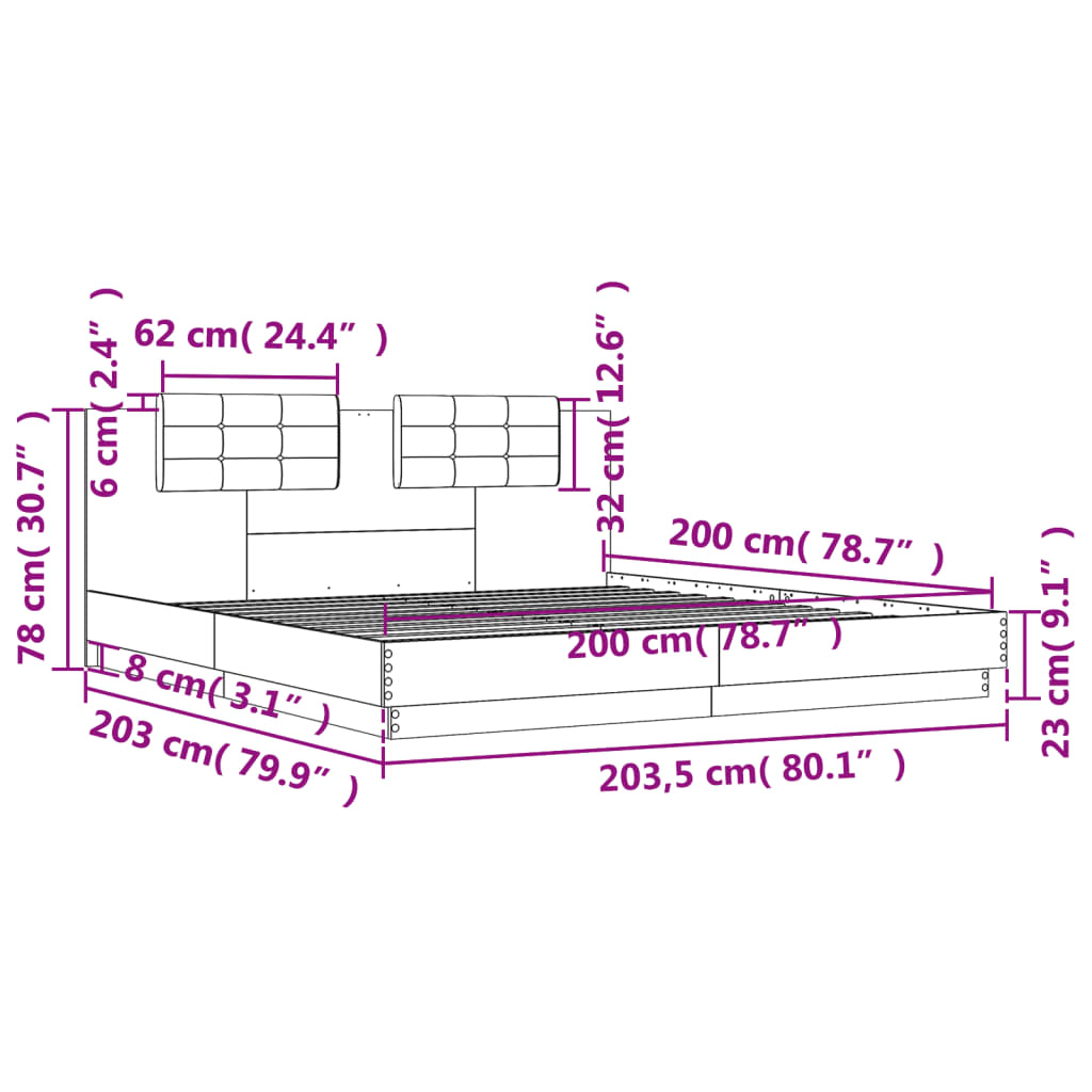 Okvir kreveta s uzglavljem i LED svjetlima bijeli 200 x 200 cm