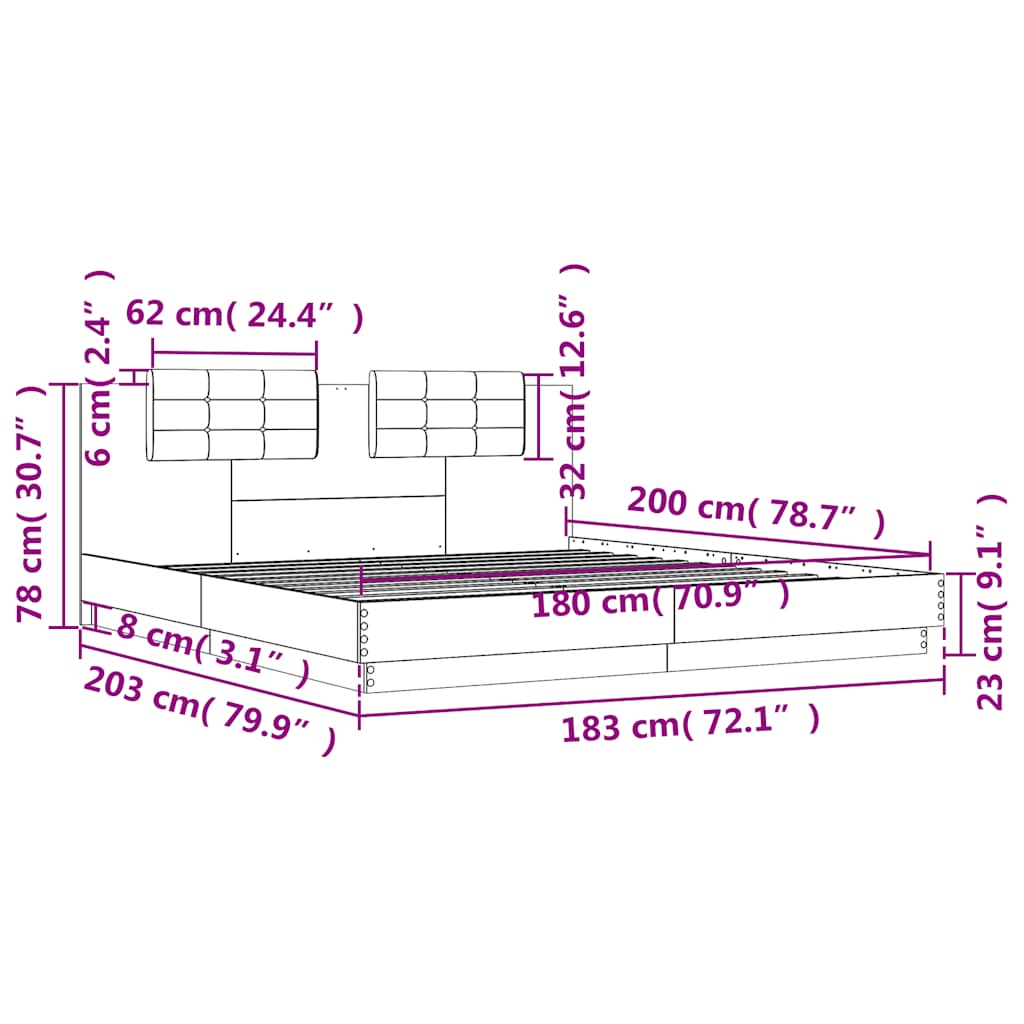 Okvir kreveta s uzglavljem i LED svjetlima bijeli 180 x 200 cm