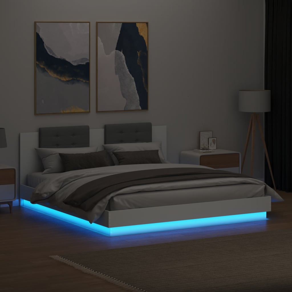 Okvir kreveta s uzglavljem i LED svjetlima bijeli 160 x 200 cm