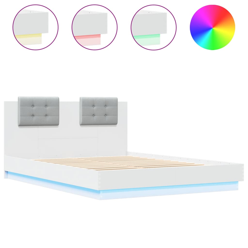 Okvir kreveta s uzglavljem i LED svjetlima bijeli 120 x 200 cm