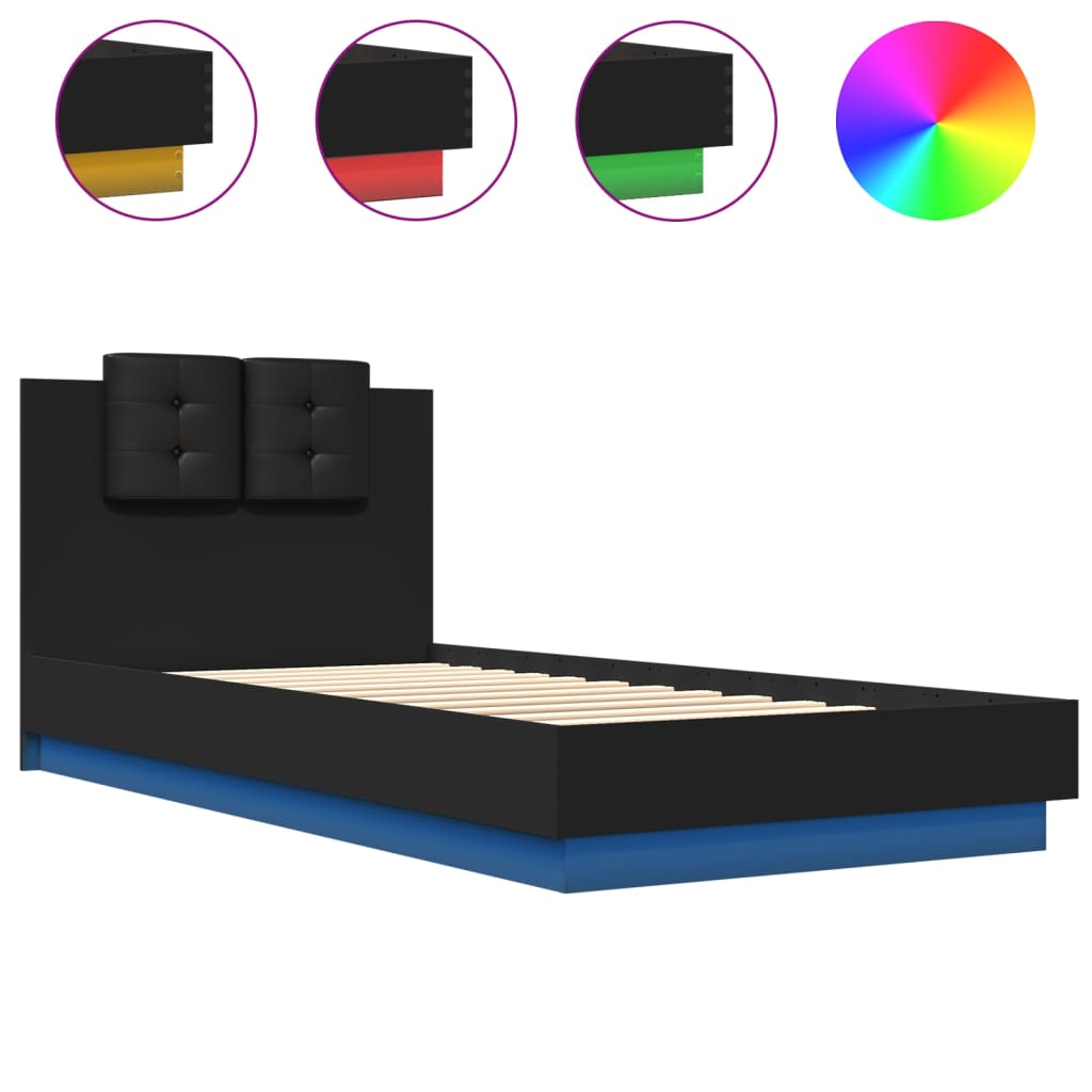 Okvir kreveta s uzglavljem i LED svjetlima crni 100 x 200 cm