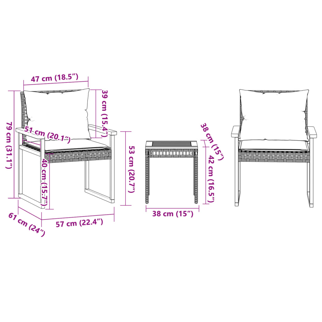 3-dijelni bistro set s bež jastucima poliratan i drvo bagrema