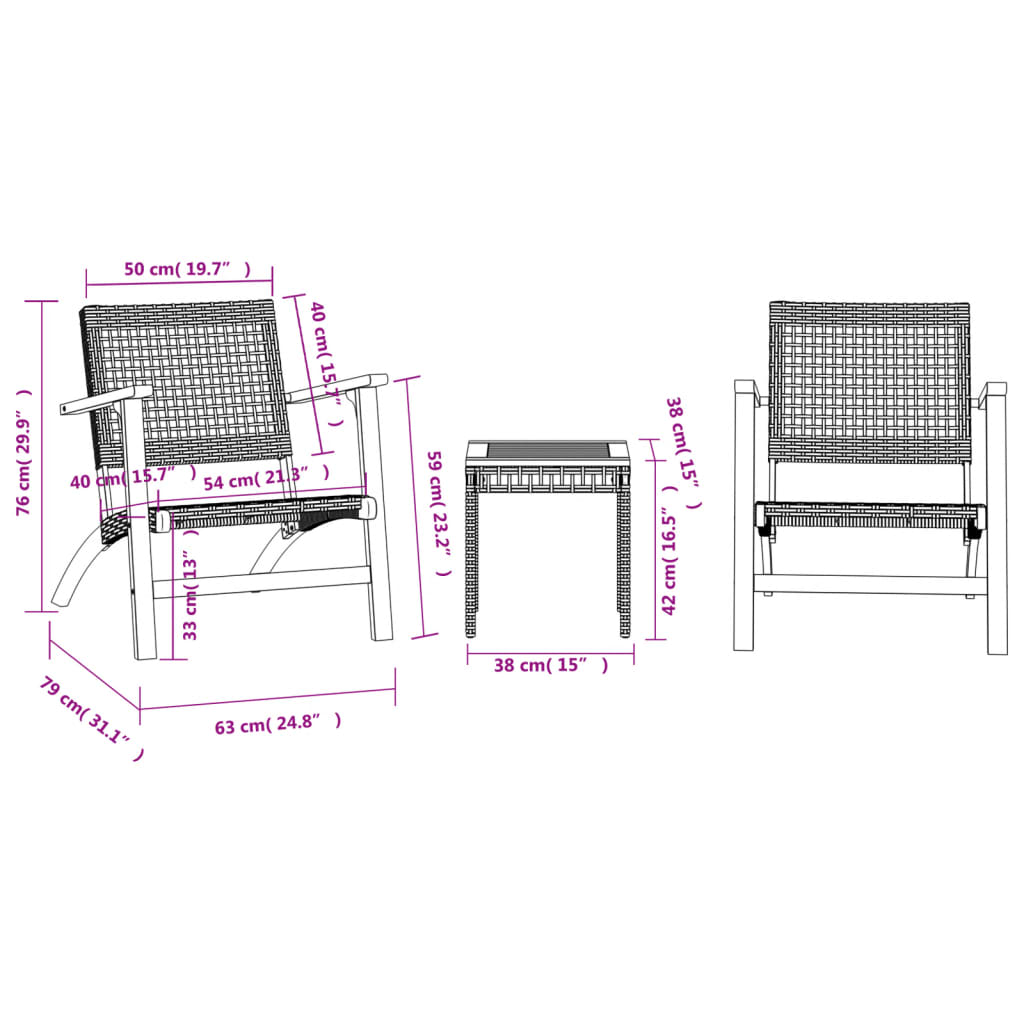 3-dijelni bistro set od poliratana i bagremovog drva crni