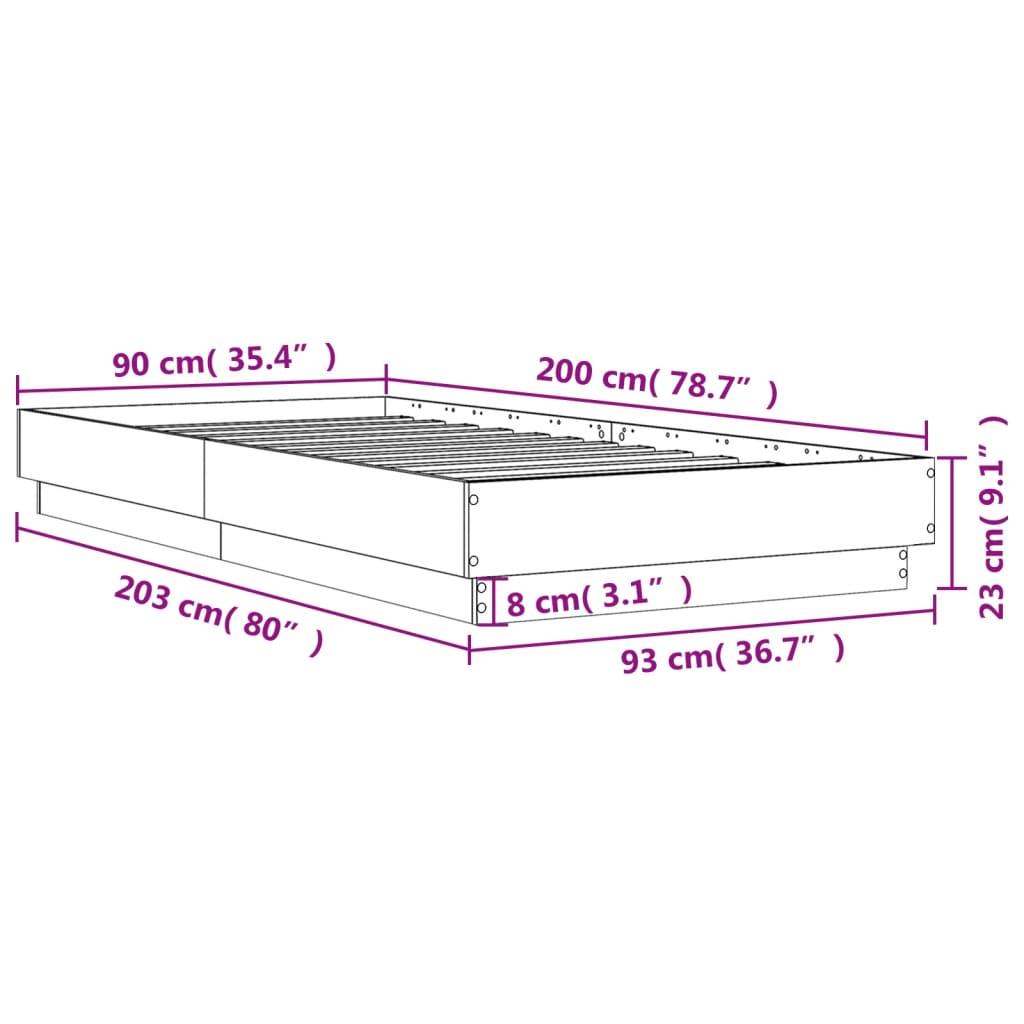 Okvir za krevet s LED svjetlima smeđa boja hrasta 90 x 200 cm