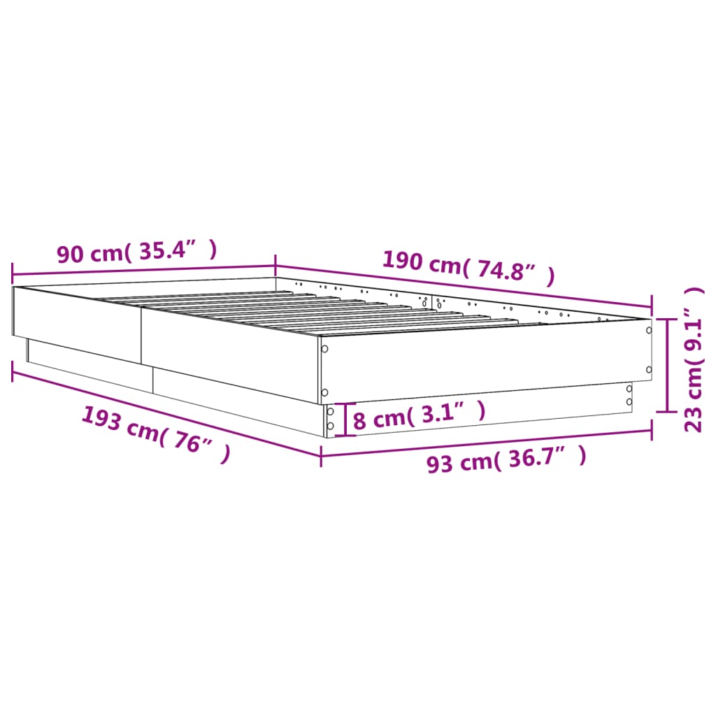 Okvir kreveta s LED svjetlima dimljena boja hrasta 90 x 190 cm