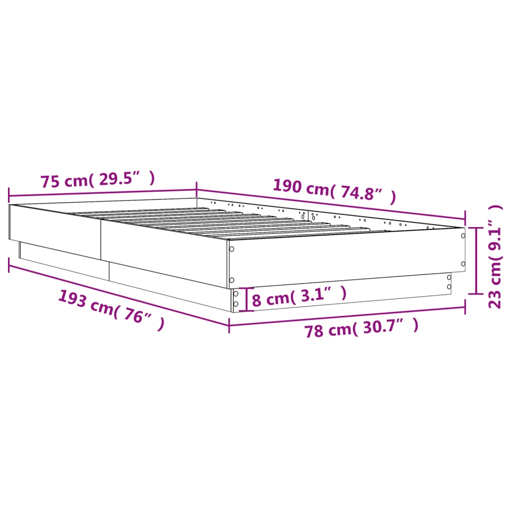 Okvir kreveta s LED svjetlima smeđa boja hrasta 75 x 190 cm