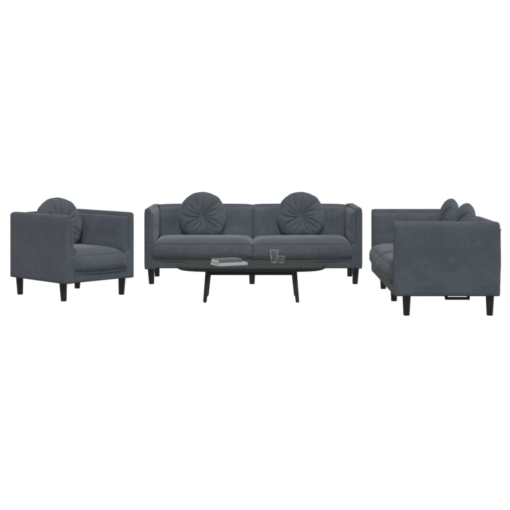 3-dijelni set sofa s jastucima tamnosivi baršunasti