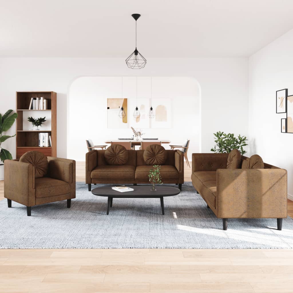 3-dijelni set sofa s jastucima smeđi baršunasti