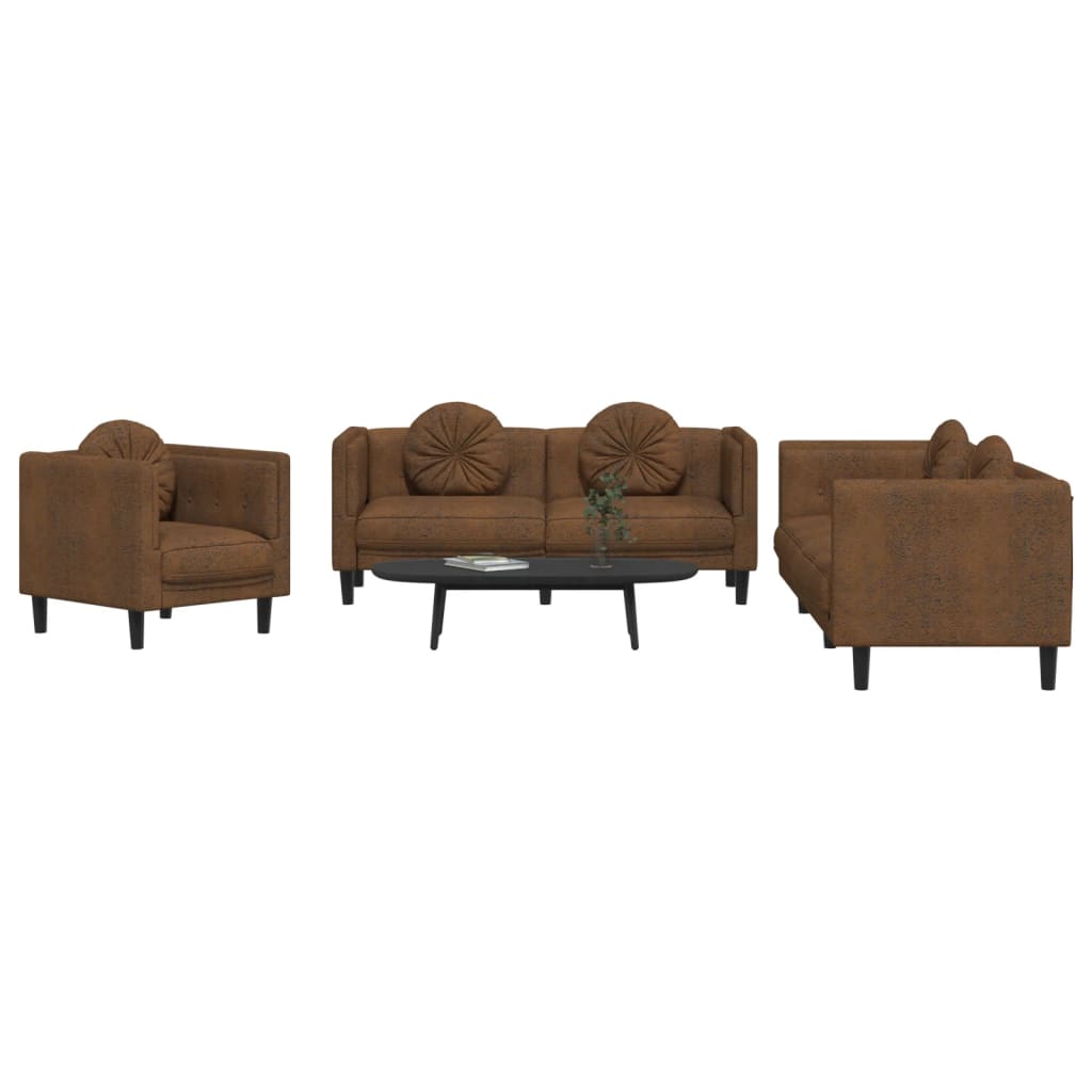 3-dijelni set sofa s jastucima smeđi baršunasti