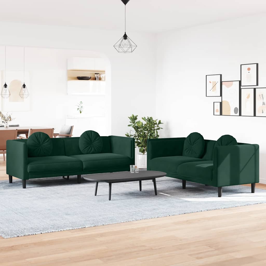 2-dijelni set sofa s jastucima tamnozeleni baršunasti