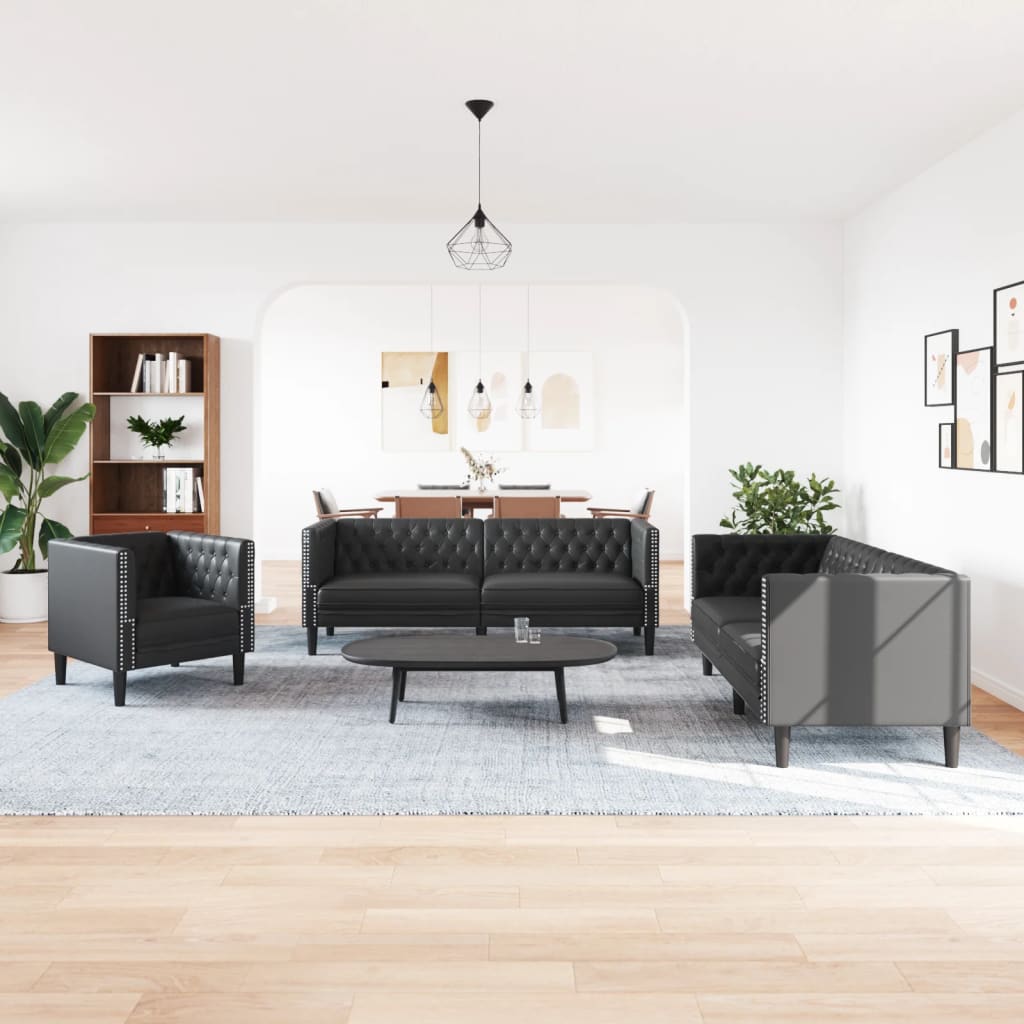 3-dijelna sofa Chesterfield crna umjetna koža