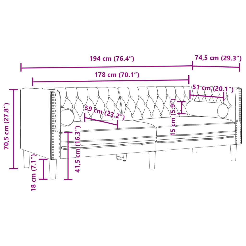 3-dijelni set sofa Chesterfield tamnosivi baršunasti