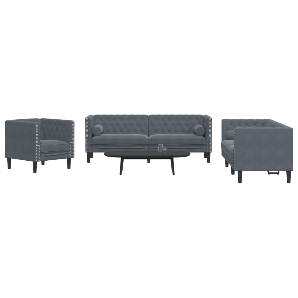 3-dijelni set sofa Chesterfield tamnosivi baršunasti