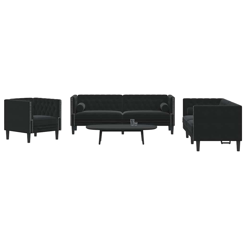 3-dijelni set sofa Chesterfield crni baršunasti