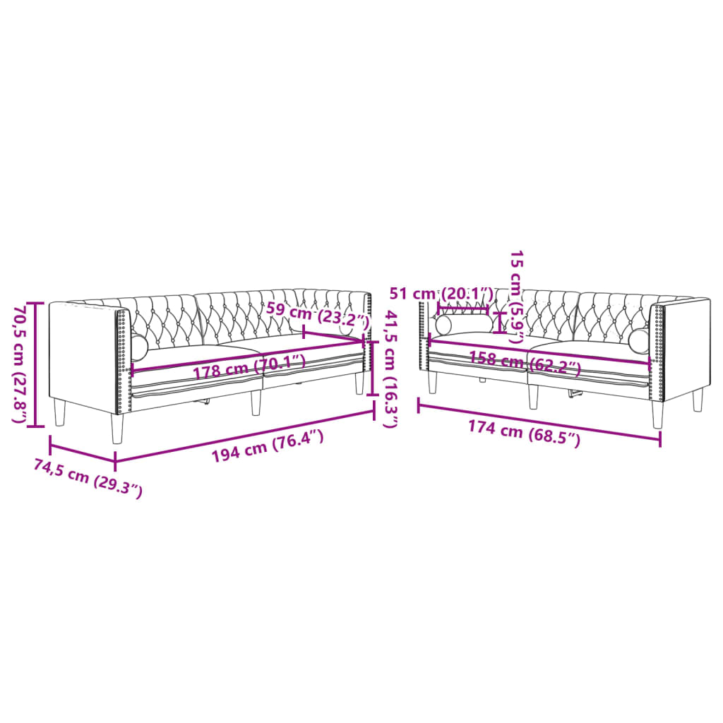 2-dijelni set sofa Chesterfield svjetlosivi baršunasti