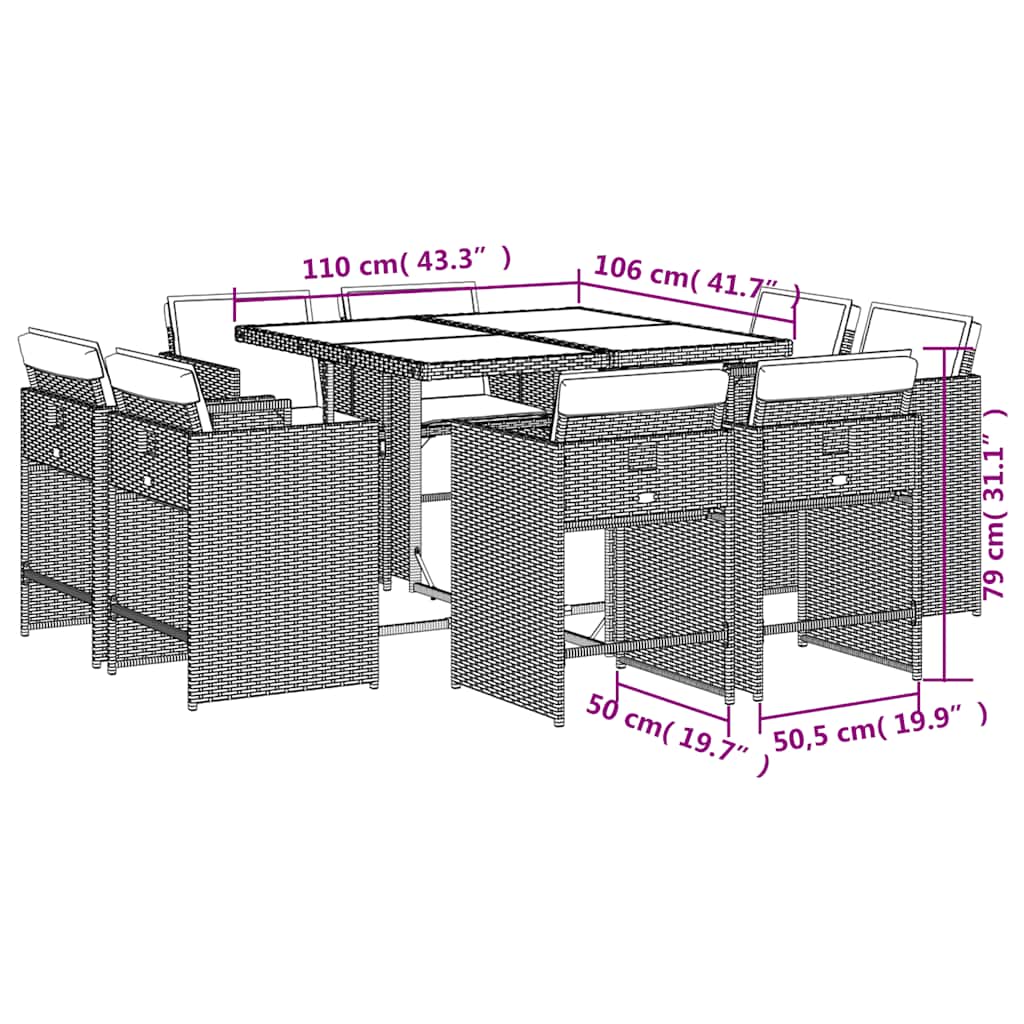 9-dijelni vrtni blagovaonski set s jastucima poliratan smeđi