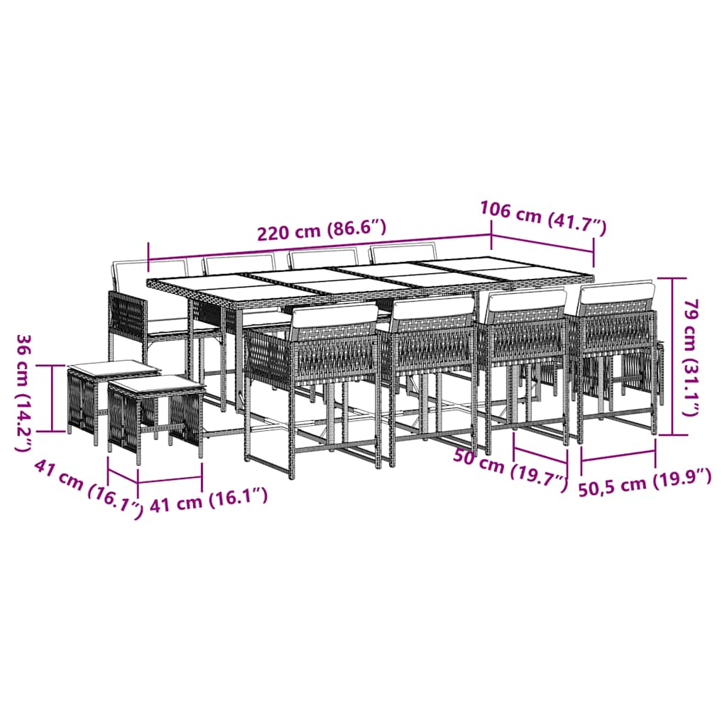 13-dijelni vrtni blagovaonski set s jastucima poliratan crni