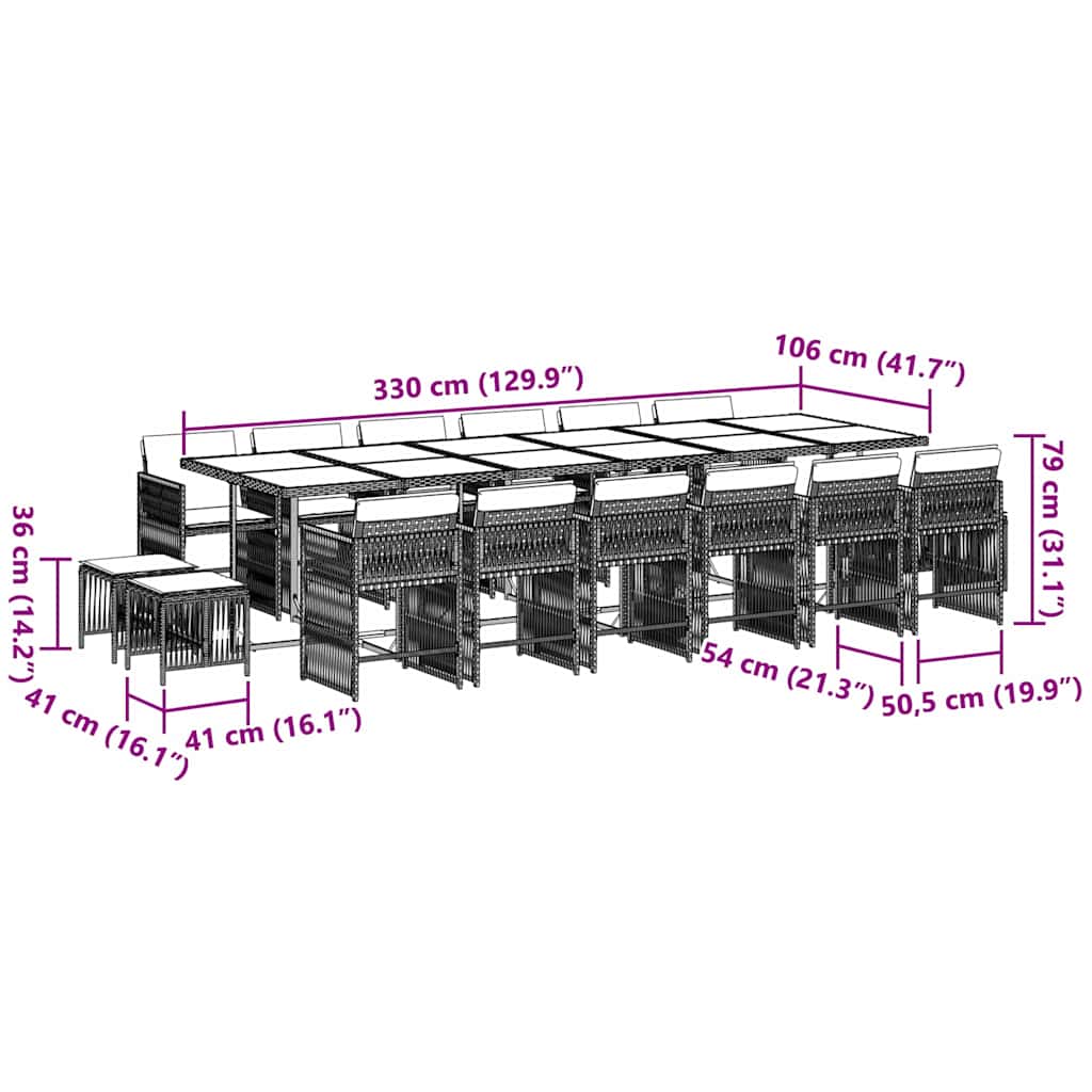 17-dijelni vrtni blagovaonski set s jastucima poliratan crni