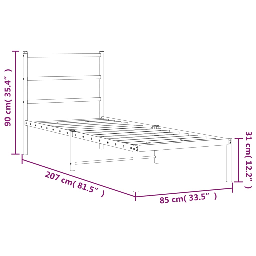 Metalni okvir za krevet s uzglavljem crni 80x200 cm