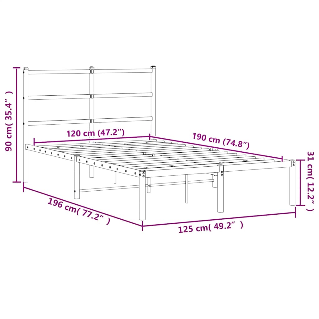 Metalni okvir za krevet s uzglavljem crni 120x190 cm